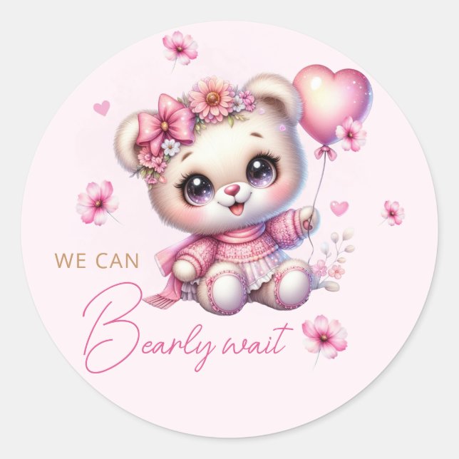 Pink Floral Boho Teddy Bear Girl Babydusche Runder Aufkleber (Vorderseite)