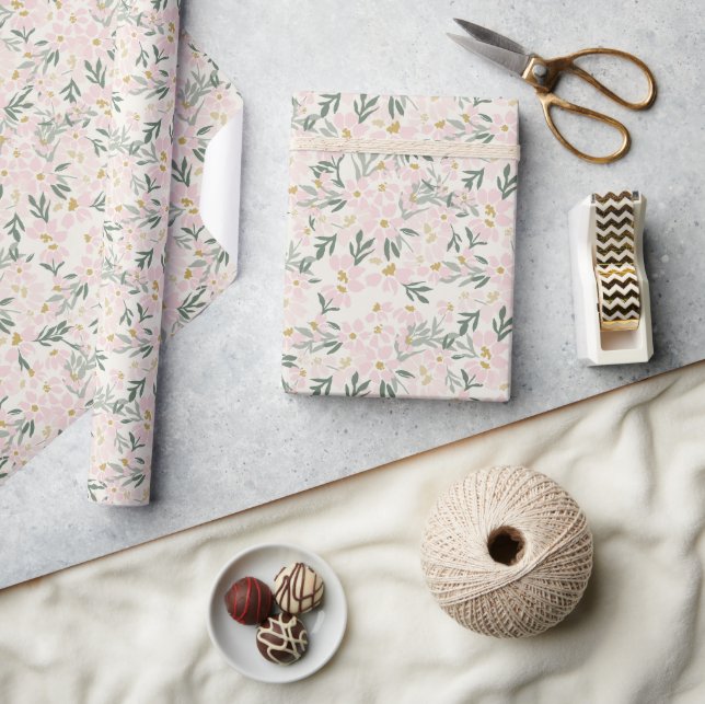 Pink Floral Boho Wrapping Paper Geschenkpapier (Kunsthandwerk)