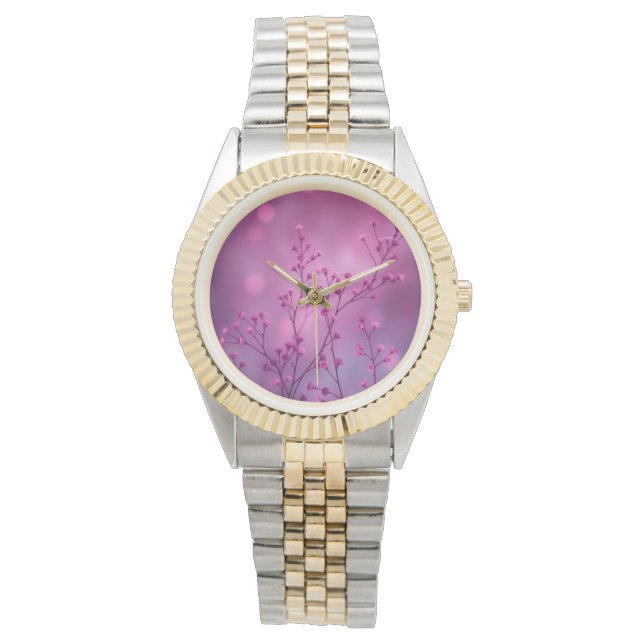 Pink Floral Bokeh Kleine Blume Handgelenk Armbanduhr (Vorderseite)