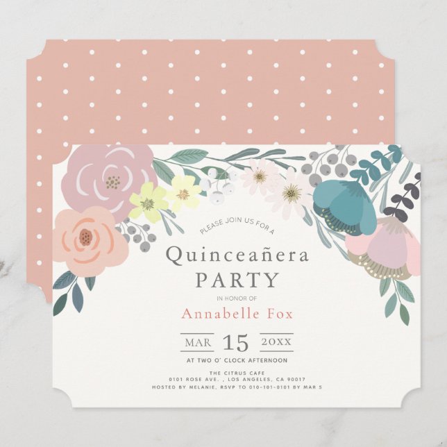 Pink Floral Botanische Quinceañera Einladung (Vorne/Hinten)