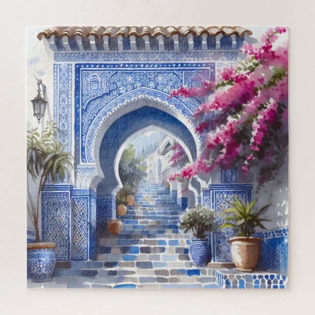 Pink Floral Bougainvillea Marokko Blaue Fliesen (Vertikal)