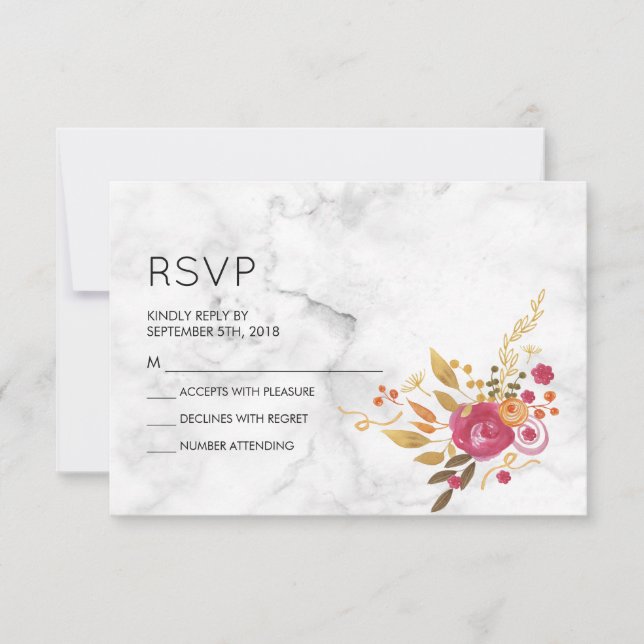 Pink Floral Bouquet auf weißem Marmor Hochzeit RSV RSVP Karte (Vorderseite)