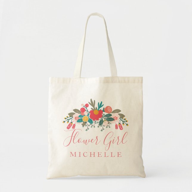 Pink Floral Bouquet Flower Girl mit Namen Tragetasche (Vorne)