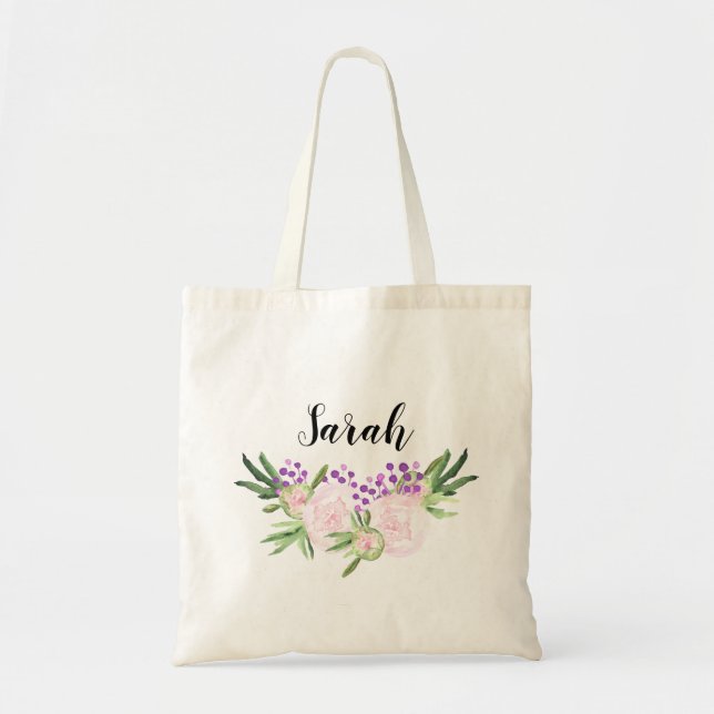 Pink Floral Bouquet Personalisiert Bridesmaid Tragetasche (Vorne)