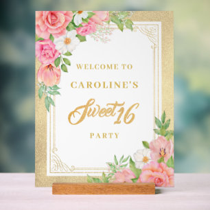 Pink Floral Bouquet Rose Sweet 16 Party Willkommen Acrylschild
