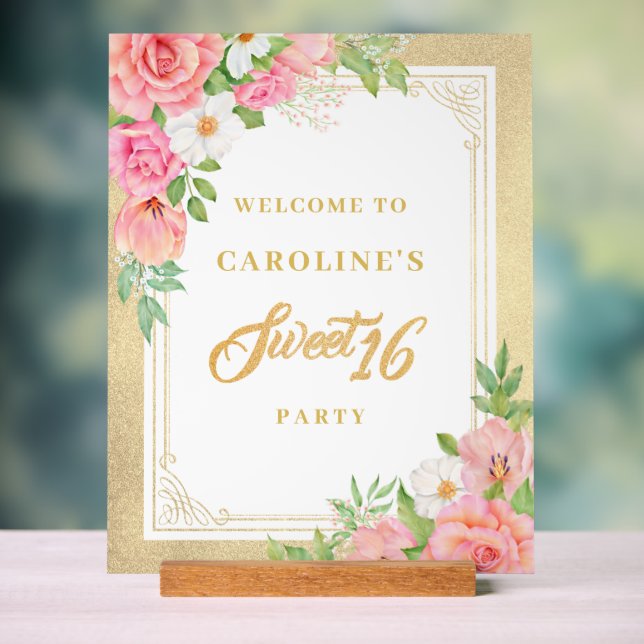 Pink Floral Bouquet Rose Sweet 16 Party Willkommen Acrylschild (Neutral)