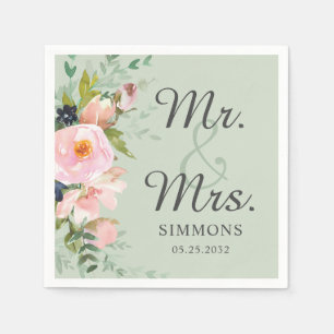 Pink Floral Bouquet Sage Green Mr. & Mrs. Wedding Serviette