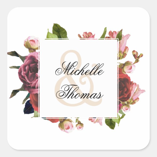 Pink Floral Bouquet Wedding Quadratischer Aufkleber (Vorderseite)