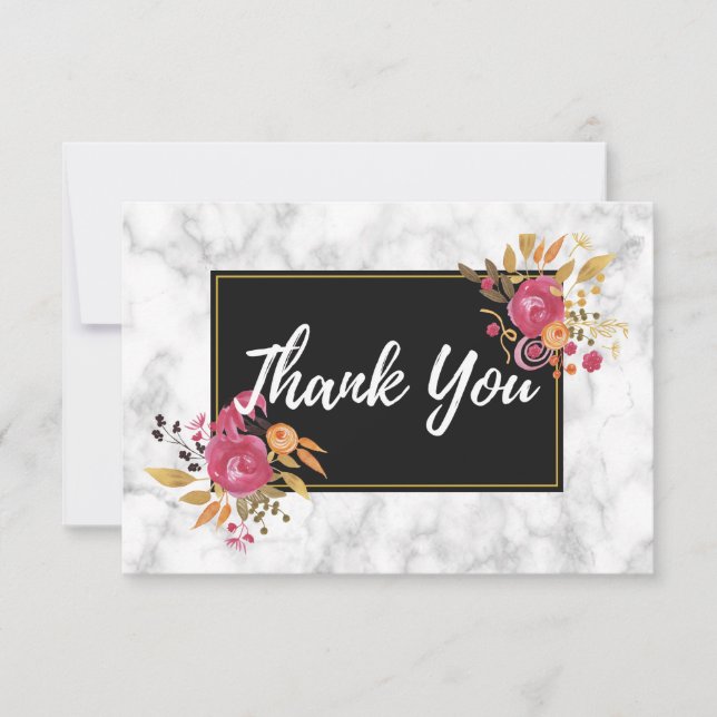 Pink Floral Bouquets auf Black Frame Wedding Danke Einladung (Vorderseite)