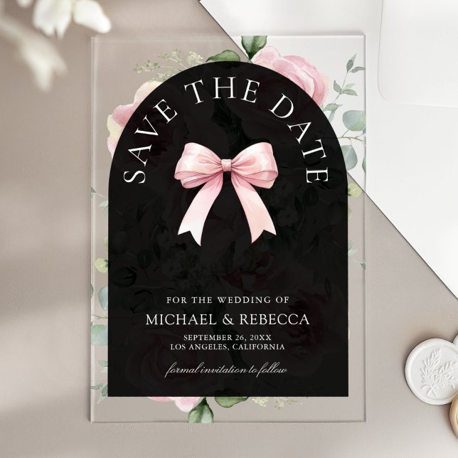 Pink Floral Bow Black Wedding Save the Date Acryleinladungen (Von Creator hochgeladen)
