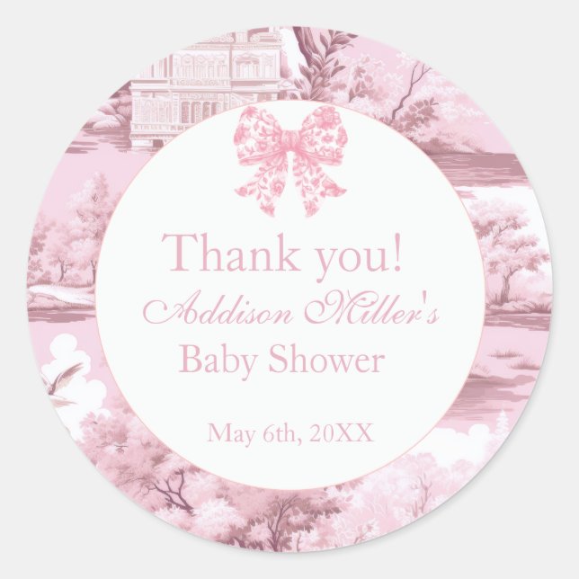 Pink Floral Bow Coquette Baby Girl Dusche Runder Aufkleber (Vorderseite)