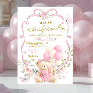 Pink Floral Bow Coquette Bearly Wait Baby Shower Einladung