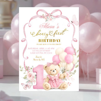 Pink Floral Bow Coquette Beary First Birthday Einladung