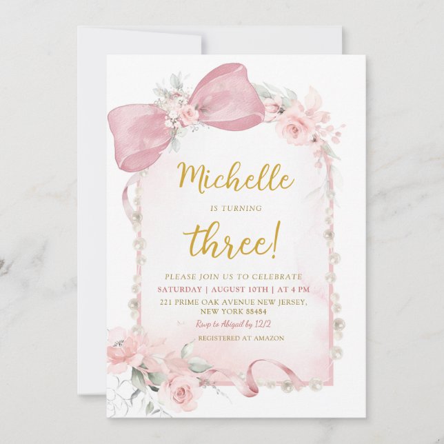 Pink Floral Bow Girl 3e Invitation anniversaire (Devant)