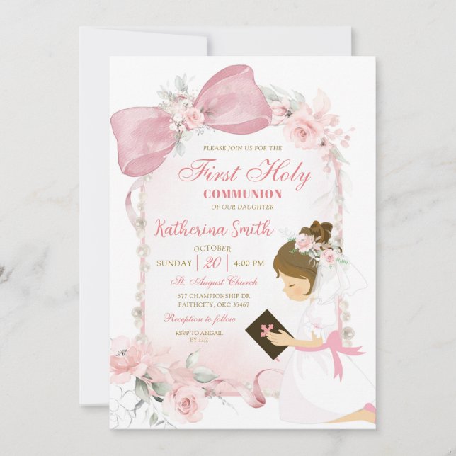 Pink Floral Bow Girl First Holy Communion Einladung (Vorderseite)