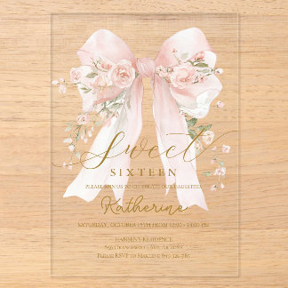 Pink Floral Bow Sweet sixteen invitation Acryleinladungen