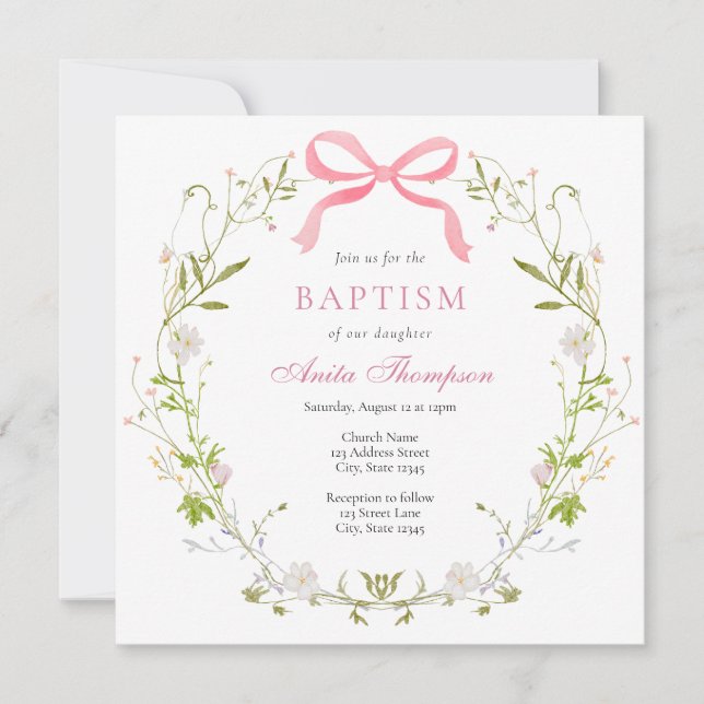 Pink Floral Bow Taufe Christening Einladung (Vorderseite)
