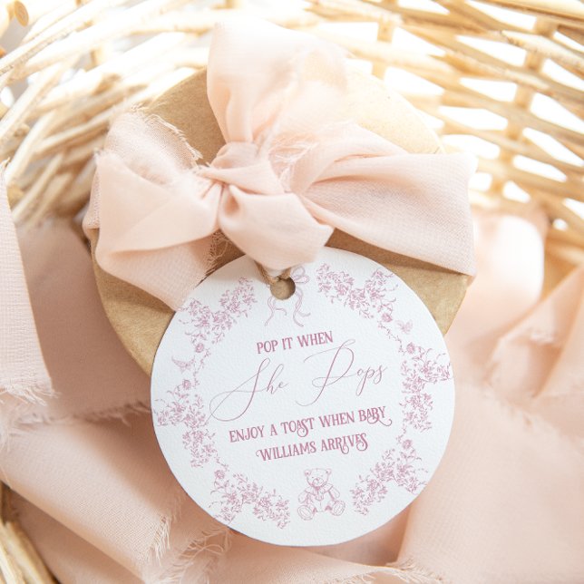 Pink Floral Bow Toile Teddy Bear Baby Dusche Geschenkanhänger (Von Creator hochgeladen)