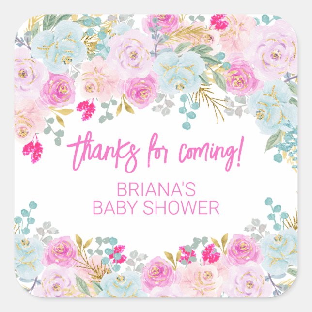 Pink Floral Boy Baby Duschfavoriten Quadratischer Aufkleber (Vorderseite)