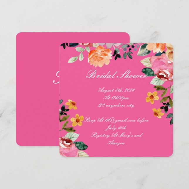 PINK FLORAL BRIDAL SHOWER EINLADUNG (Vorne/Hinten)