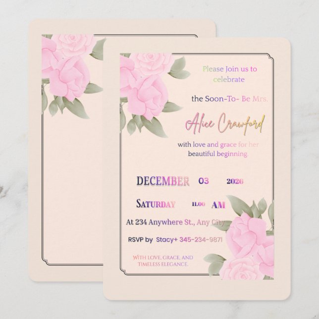 Pink Floral Bridal Shower Invitation | Elegant Cus Einladung (Vorne/Hinten)