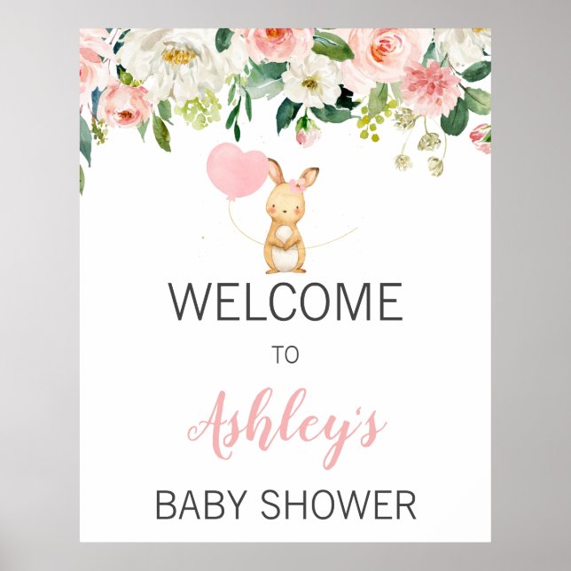 Pink Floral Bunny Baby Dusche Begrüßungszeichen Poster (Vorne)