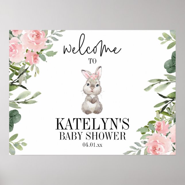 Pink Floral Bunny Baby Dusche Begrüßungszeichen Poster (Vorne)