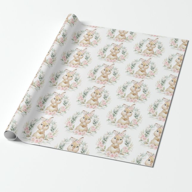 Pink Floral Bunny Easter Rabbit Girl Babydusche Geschenkpapier (Ungerollt)