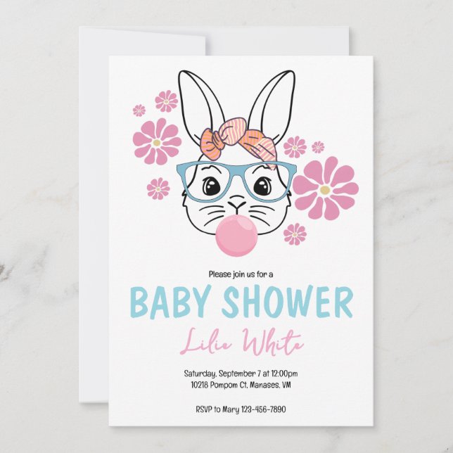 Pink Floral Bunny Girl Babydusche personalisiert Einladung (Vorderseite)