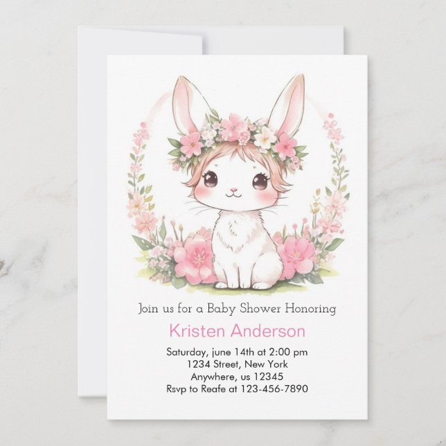 Pink Floral Bunny Magic Girl Babydusche Einladung (Vorderseite)