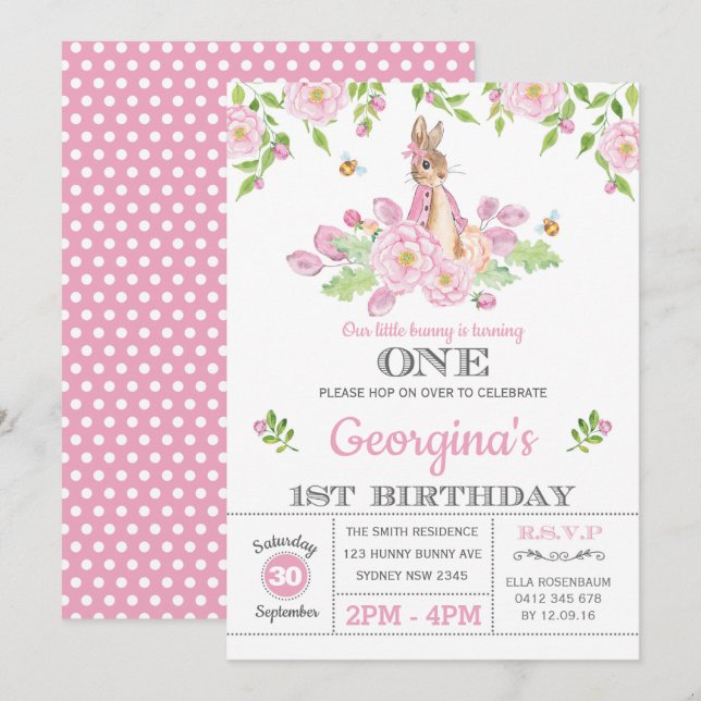 Pink Floral Bunny Rabbit 1. Girl Birthday Party Einladung (Vorne/Hinten)