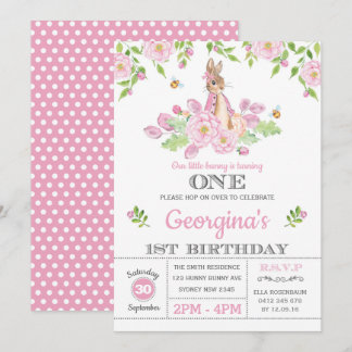 Pink Floral Bunny Rabbit 1. Girl Birthday Party Einladung