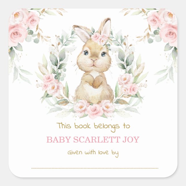 Pink Floral Bunny Rabbit Baby Dusche Buchzeichen Quadratischer Aufkleber (Vorderseite)