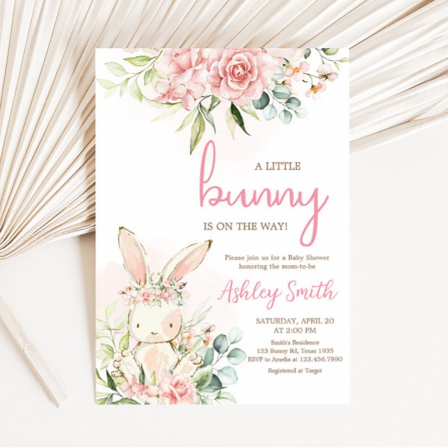 Pink Floral Bunny Rabbit Babydusche Einladung (A Little Bunny Girl Baby Shower Invitation)