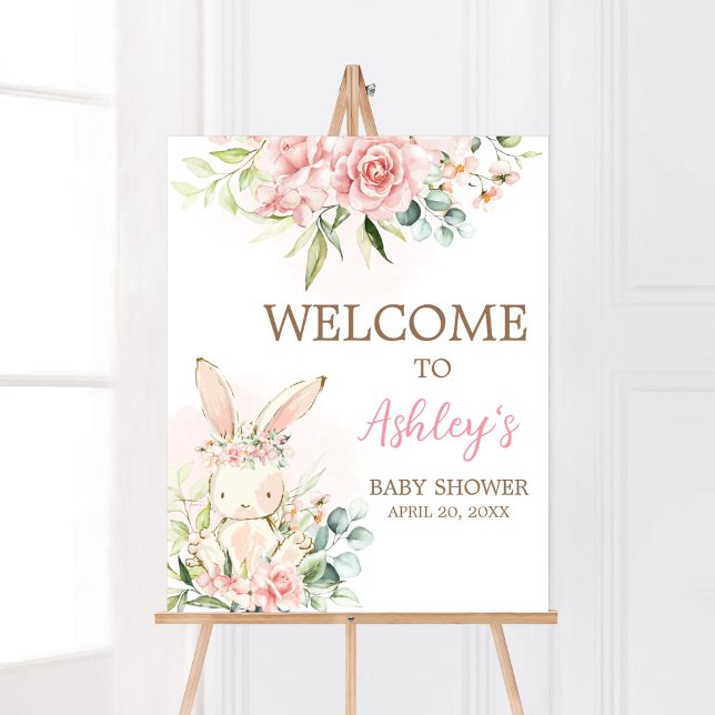Pink Floral Bunny Rabbit Babydusche Willkommen Poster (A Little Bunny Girl Baby Shower Welcome Sign)