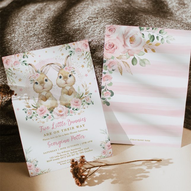 Pink Floral Bunny Rabbit Twin Girl Babydusche Einladung (Von Creator hochgeladen)