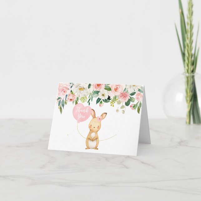 Pink Floral Bunny und Herzballon Danke Karte (Vorderseite)