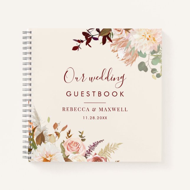 Pink Floral Burgundy Greenery Wedding Gästebuch Notizbuch (Vorderseite)
