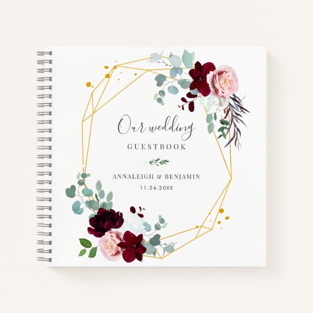 Pink Floral Burgundy Hochzeit im Herbst Gästebuch Notizbuch (Vorderseite)