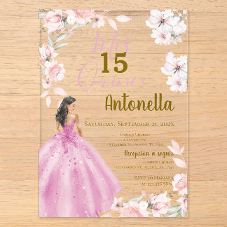Pink Floral Butterfells Quinceañera Acryleinladungen