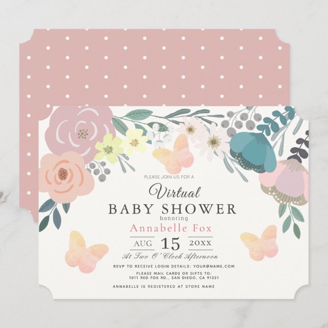 Pink Floral & Butterflies Girl Virtual Baby Dusche Einladung (Vorne/Hinten)
