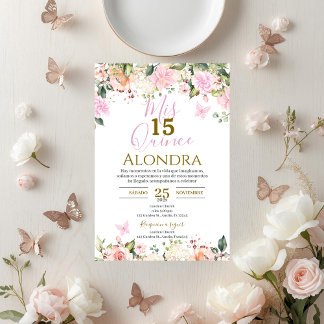Pink Floral Butterflies Quinceañera Einladung