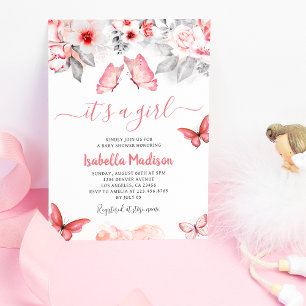 Pink Floral Butterfly Baby Girl Dusche Einladung