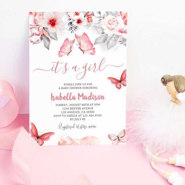 Pink Floral Butterfly Baby Girl Dusche Einladung (Pink Floral Butterfly Baby Girl Shower Invitation
)
