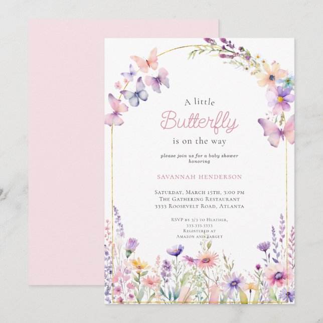 Pink Floral Butterfly Babydusche Einladung (Vorne/Hinten)