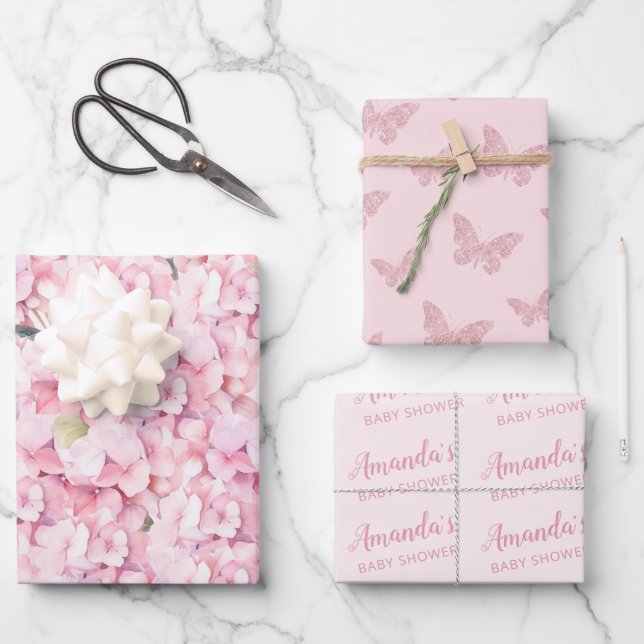 Pink Floral Butterfly Babydusche Personalisiert Geschenkpapier Set (Vorderseite)