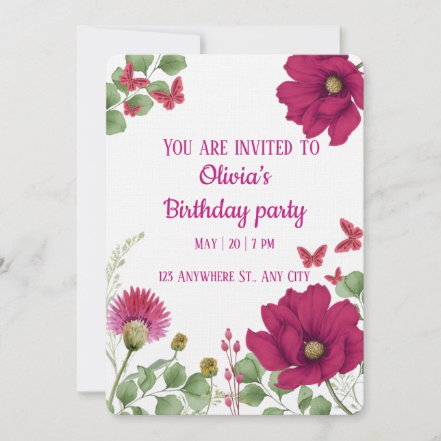 Pink Floral Butterfly  Birthday Invitation Einladung (Vorderseite)