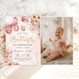 Pink Floral Butterfly Girl 1. Geburtstag Foto Einladung
