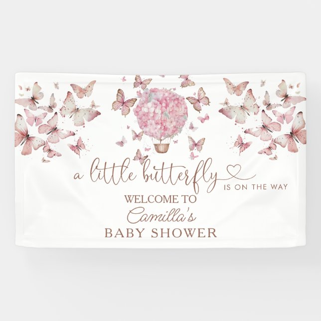 Pink Floral Butterfly Girl Babydusche Banner (Horizontal)