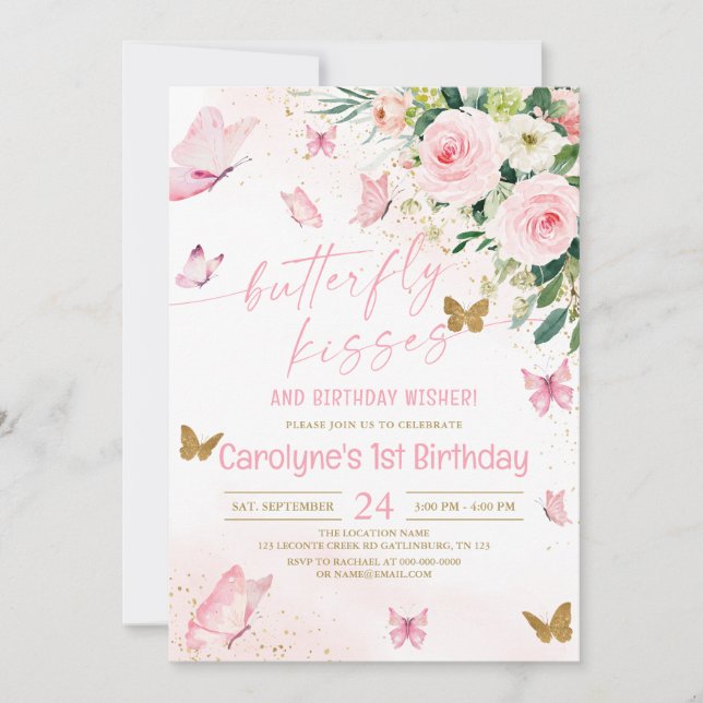 Pink Floral Butterfly Kisses und Birthday Wünsche Einladung (Vorderseite)